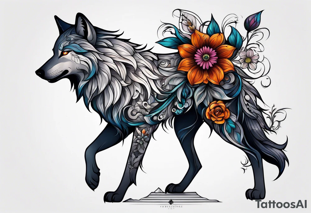 Wolf, flower, cross tattoo idea