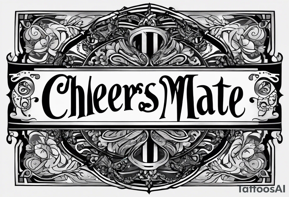 "Cheers Mate" text black and grey ink armband, intricate, artistic +abstract +grey Cancer Ribbon tattoo idea