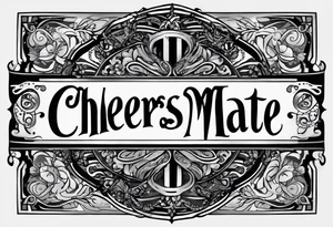 "Cheers Mate" text black and grey ink armband, intricate, artistic +abstract +grey Cancer Ribbon tattoo idea