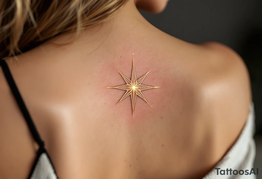A shimmering gold eight-pointed star tattoo evokes celestial power and divine energy. tattoo idea