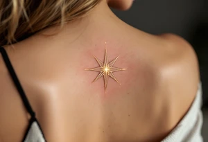 A shimmering gold eight-pointed star tattoo evokes celestial power and divine energy. tattoo idea