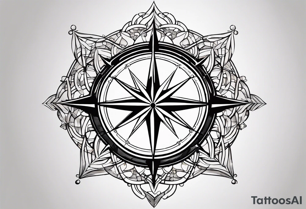 a classic compass rose as the central element,Overlaying the compass rose is a simplified molecular structure of serotonin tattoo idea