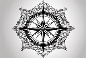 a classic compass rose as the central element,Overlaying the compass rose is a simplified molecular structure of serotonin tattoo idea