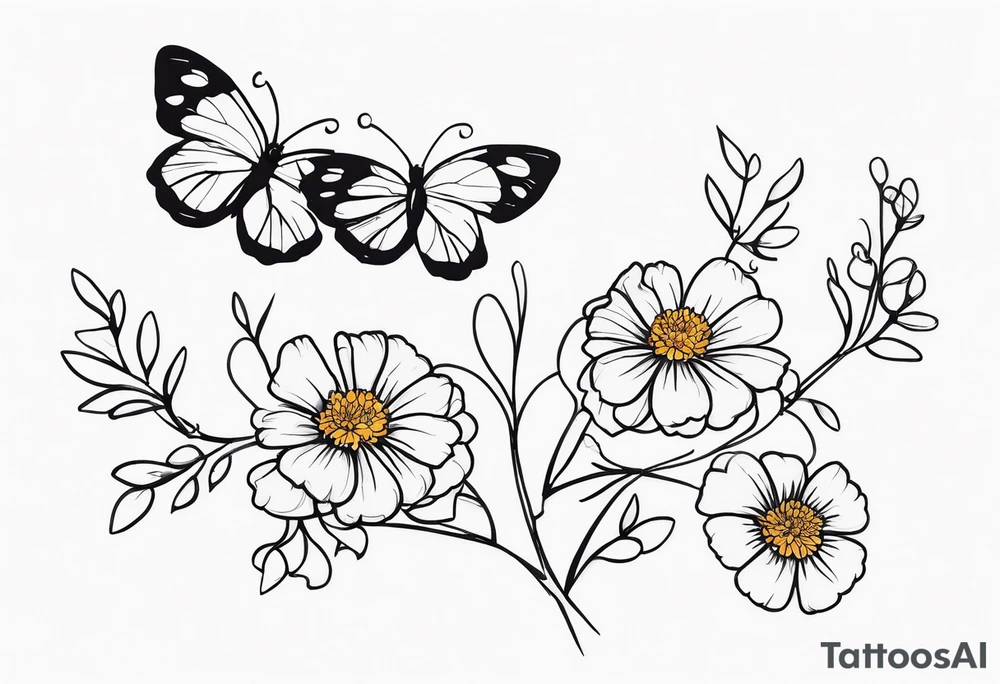 Small Butterflies with marigolds on a vine tattoo idea