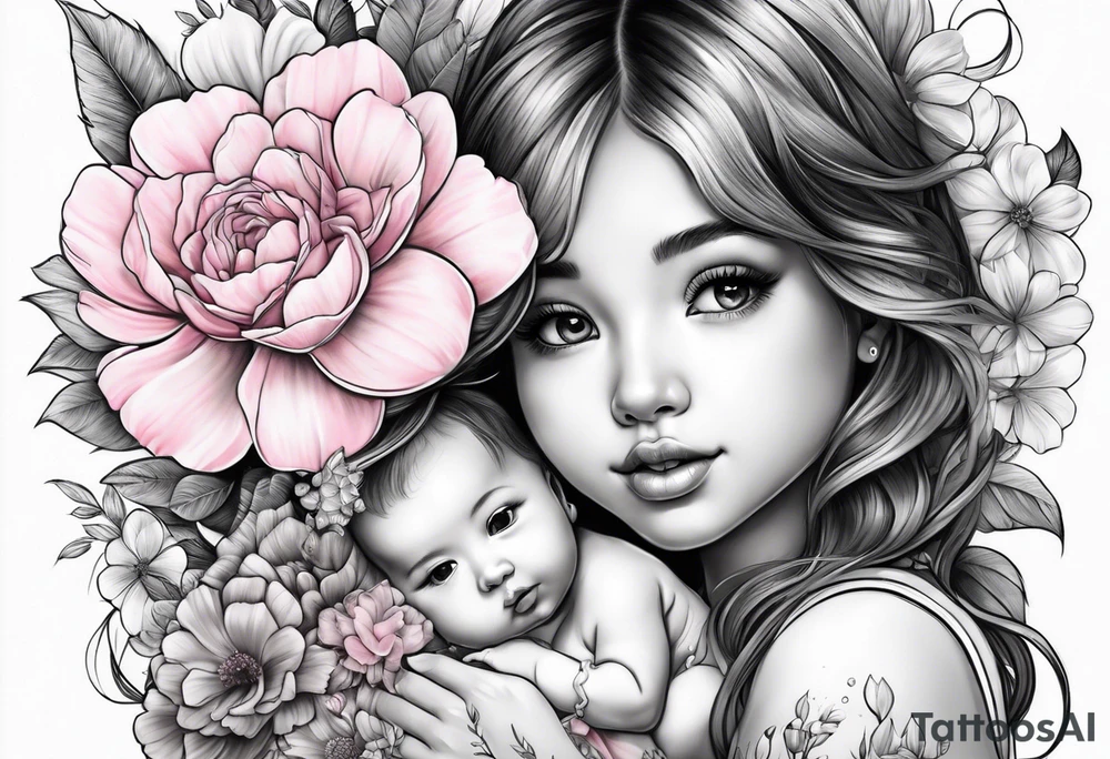 a cute girl with baby flower pink color tattoo idea