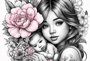a cute girl with baby flower pink color tattoo idea