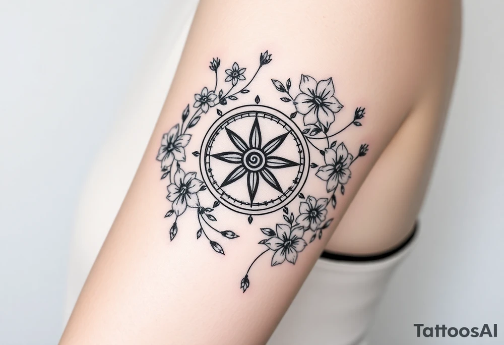 Abstract Compass surrounded with wild flowers tattoo idea