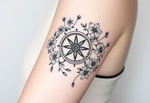 Abstract Compass surrounded with wild flowers tattoo idea