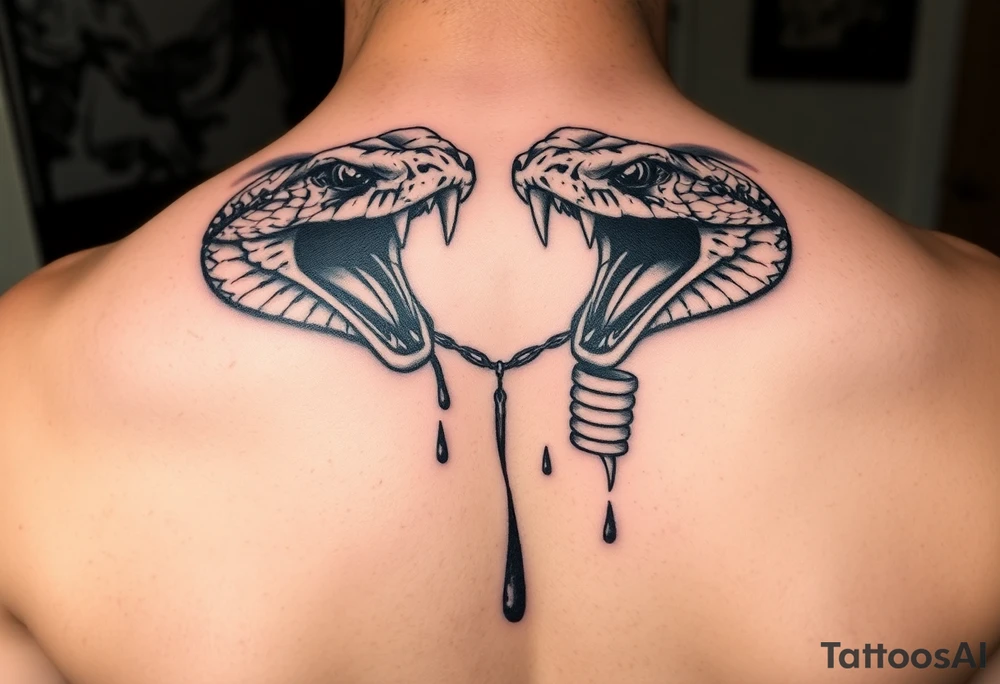 A 2 Headed snake 1 dominate 1 and the other bigger and scarier both heads giant fangs out 1 head pulling away so hard there’s blood on the neck where the 2 heads split its 2 fierce baby cobra heads tattoo idea
