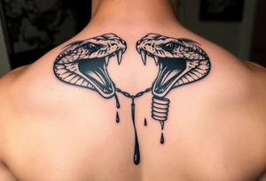A 2 Headed snake 1 dominate 1 and the other bigger and scarier both heads giant fangs out 1 head pulling away so hard there’s blood on the neck where the 2 heads split its 2 fierce baby cobra heads tattoo idea