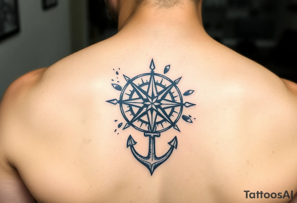 Compass rose with an anchor at the bottom and shattered 
Watercolor background tattoo idea