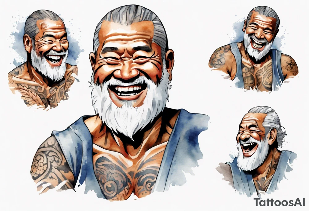 a solitary Samoan man with a grey beard laughing tattoo idea