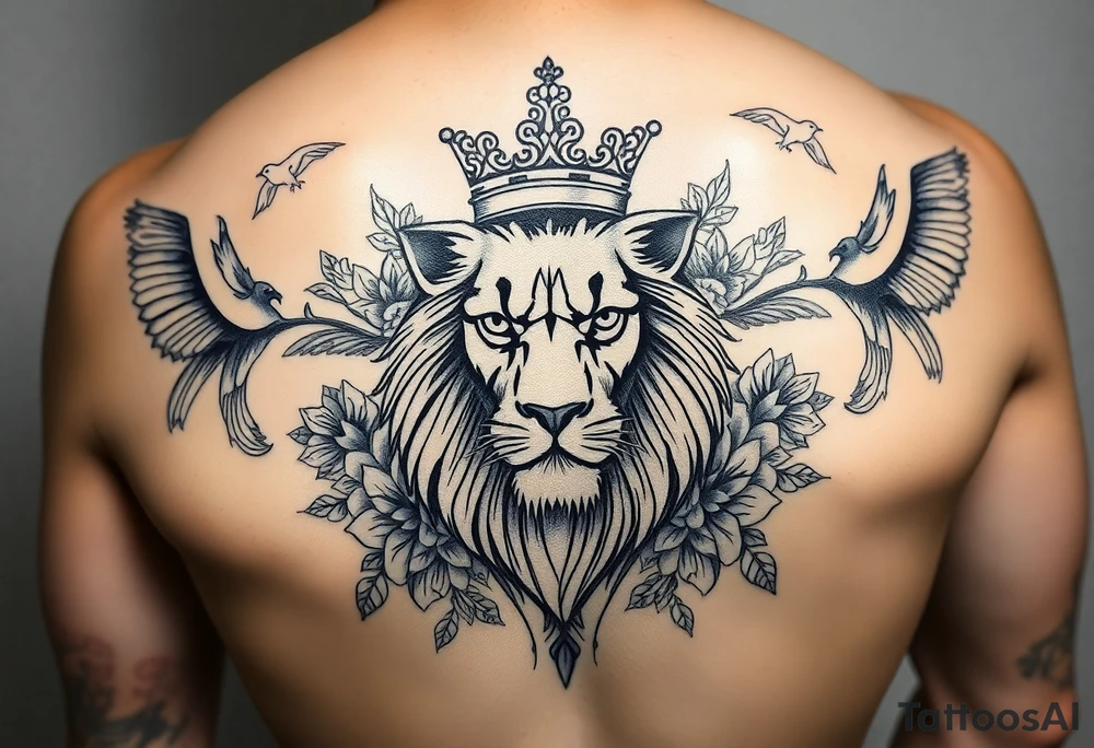 powerful majestic lion with a crown, surrounded by floral ornaments and birds tattoo idea