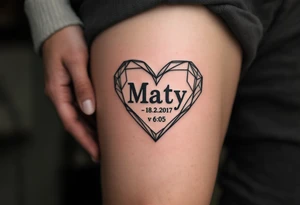 Minimalist line-art heart enclosing "Maty – 18.2.2017 v 6:05" in muted charcoal gray. tattoo idea