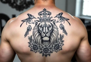 powerful majestic lion with a crown, surrounded by floral ornaments and birds tattoo idea