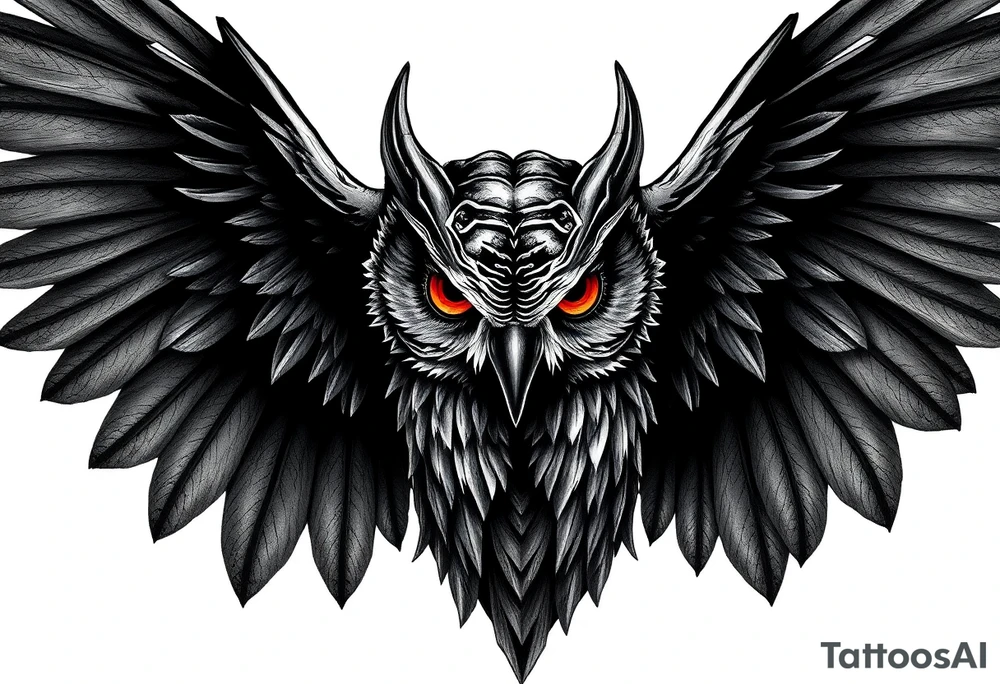 a demonic owl dark with contrast and detail. the owls wings are large and open, the owls
 eyes are dark orange tattoo idea