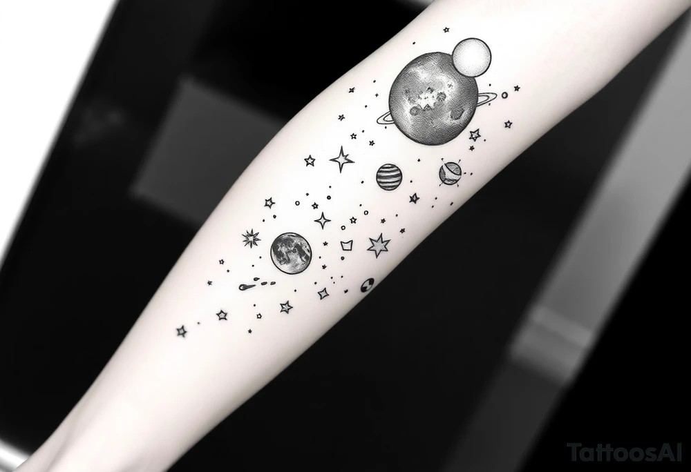 Galaxy stars planets comets shooting stars on full leg tattoo idea