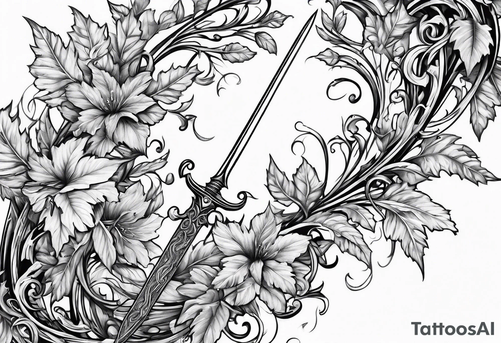 Leafy vines with sword tattoo idea