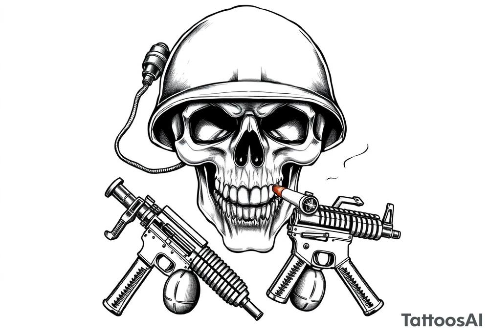 A stoic skull in a military helmet, cigar burning, flanked by crossed assault rifles and grenades. tattoo idea