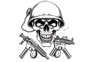 A stoic skull in a military helmet, cigar burning, flanked by crossed assault rifles and grenades. tattoo idea