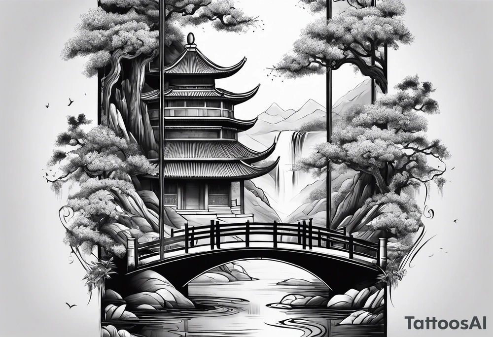 chinese temple, waterfall and bridge fine line sleeve tattoo idea