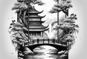 chinese temple, waterfall and bridge fine line sleeve tattoo idea
