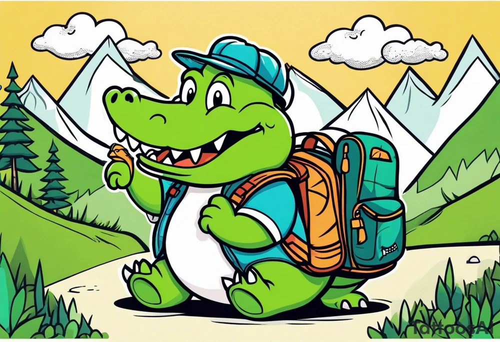 Chubby cute alligator with a map and backpack lost in the mountains tattoo idea