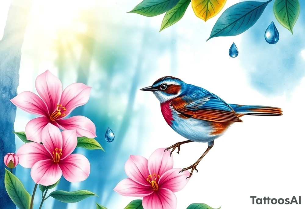 forest background
blue rain drops
pink camelia flower
blue and brown wren bird tattoo idea