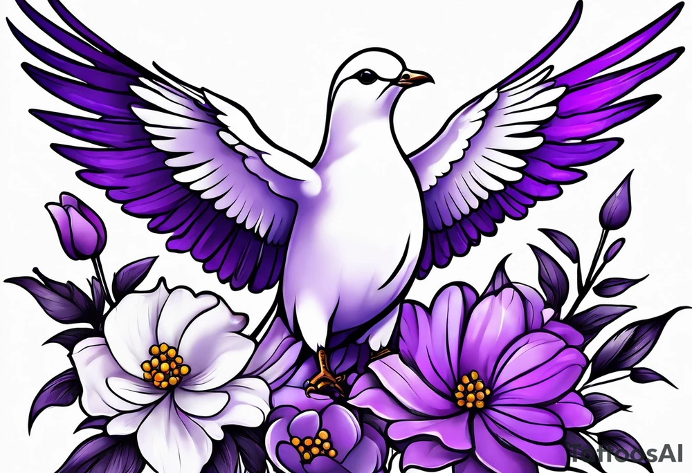Purple flowers with a small realistic white dove coming from heaven to commemorate somebody that passed away. tattoo idea
