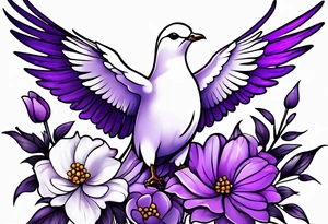 Purple flowers with a small realistic white dove coming from heaven to commemorate somebody that passed away. tattoo idea