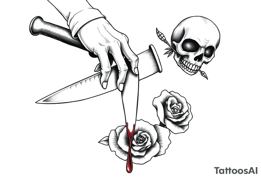 en el caos encontré mi forma favorita 
de amarte somos veneno y promesa.  Add around 

Woman’s hand reaching down grabbing blade handle, skeleton head on right under blade, rise on right under blade, blood dry from tip of blade, skeleton hand reaching for Blade tip. Just the hand and place above blade handle reaching for handle. Skull and rose underneath blade. Just the skeleton hand reaching for tip of knife which is dripping blood. tattoo idea