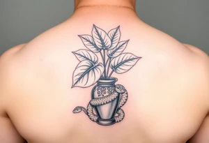 Decorative vase with monstera leaves and a snake wrapped around tattoo idea