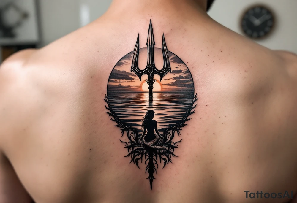 trident half way under calm water with sunset and mermaid tattoo idea