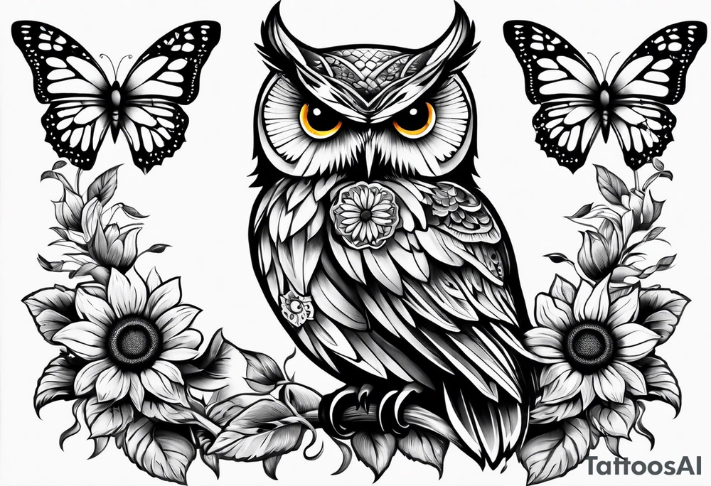 Owl with butterfly and sunflower tattoo idea
