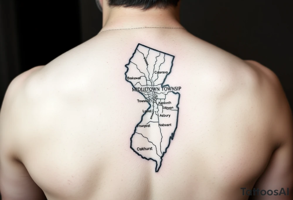 NJ shore map with Middletown Township, Long Branch, Asbury Park and Oakhurst tagged in tattoo idea