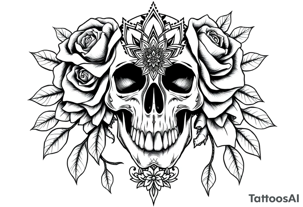 Skull with roses and mandala tattoo idea
