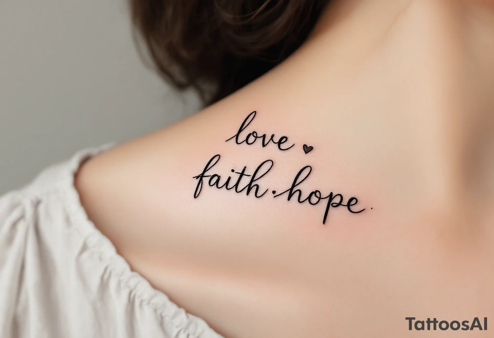 "Love, Faith, Hope" in stacked formation with thin black bars separating each word and soft gradient fills inside. tattoo idea
