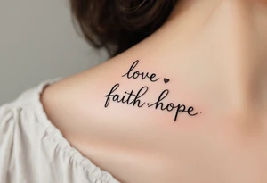 "Love, Faith, Hope" in stacked formation with thin black bars separating each word and soft gradient fills inside. tattoo idea