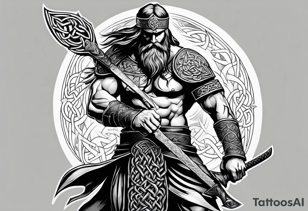 Side full body shot of Celtic warrior with sword in left hand and axe in right hand. tattoo idea