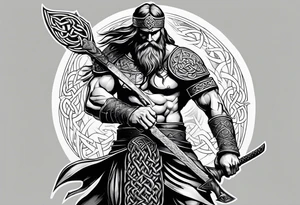 Side full body shot of Celtic warrior with sword in left hand and axe in right hand. tattoo idea