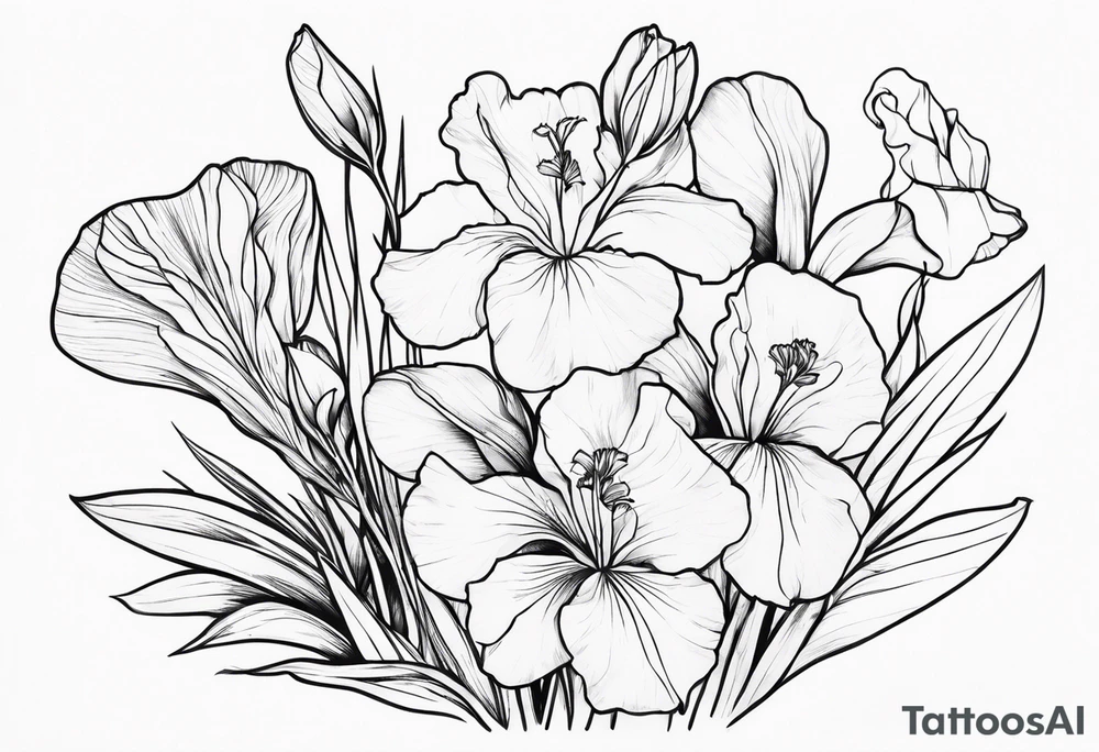 bouquet of biolet, primrose, and iris flowers tattoo idea