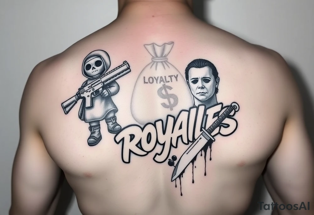 Chest , voodoo doll with a Glock 17 with a extended magazine and a moneybag full of money , loyalty over royalties bubble graffiti letters , and Micheal Myers with a bloody knife tattoo idea