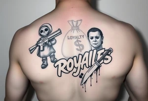 Chest , voodoo doll with a Glock 17 with a extended magazine and a moneybag full of money , loyalty over royalties bubble graffiti letters , and Micheal Myers with a bloody knife tattoo idea