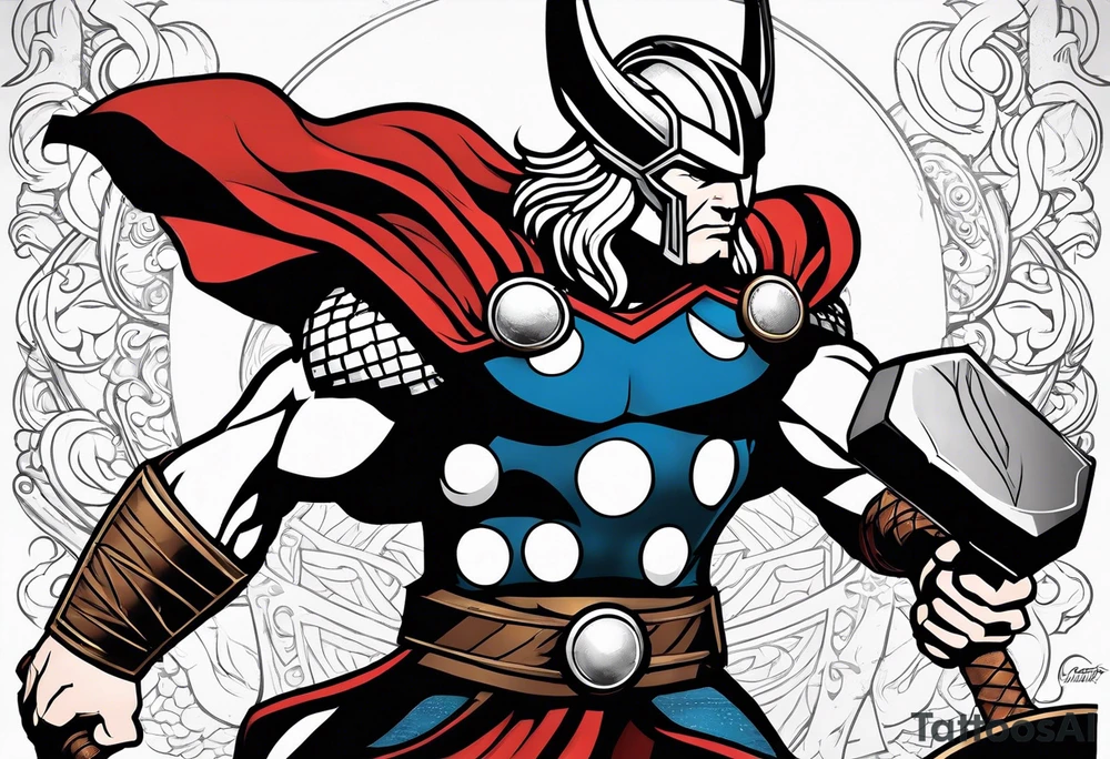 The Mighty Thor not so muscular profile with mjolnir with the entire design shown tattoo idea