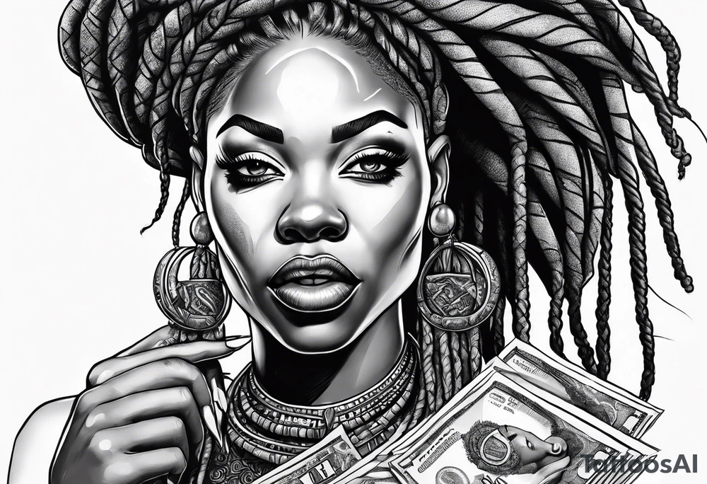 African woman with dreads medusa biting money tattoo idea