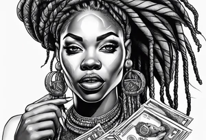 African woman with dreads medusa biting money tattoo idea