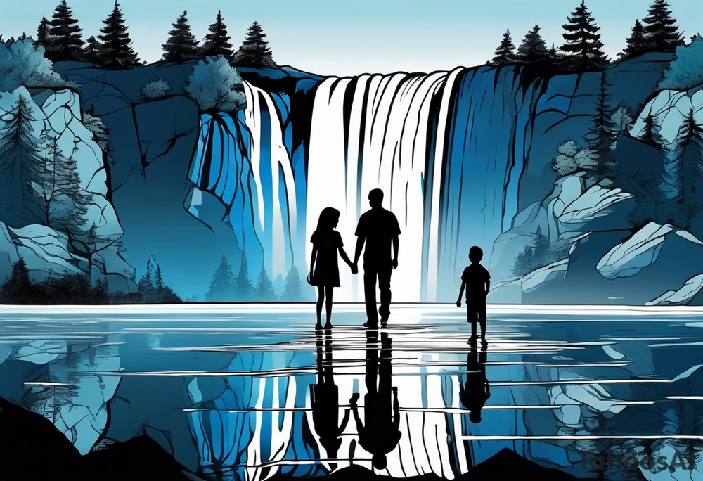 Silhouette of father standing in between daughter and younger son in front of water with reflection and waterfall with that water only being blue tattoo idea