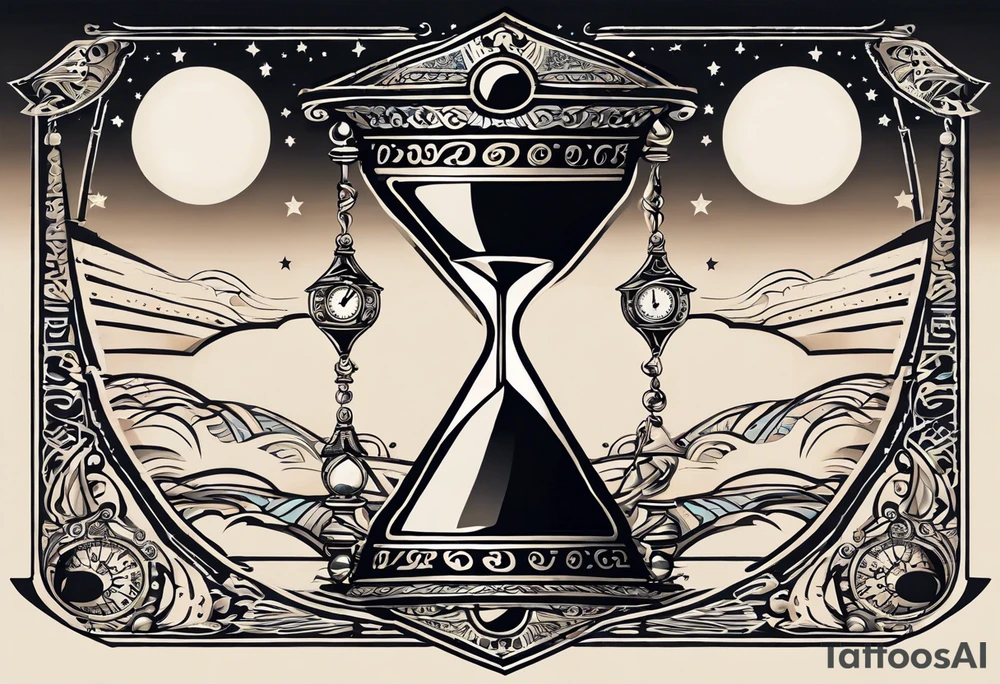 I want a tattoo-inspired design for a t-shirt that features a bold and detailed hourglass with a hand clock in the center, using Amazigh numerals for the clock numbers. The hourglass should have a strong, shaded look, with sharp lines resembling tattoo art. Planets and stars should orbit around the hourglass, giving it a cosmic and timeless feel. The design should be intricate, focusing on the flow of time and the universe, with the planets adding depth and movement. The overall aesthetic should be bold and detailed, in a blackwork tattoo style, without any flowers."black and whit design tattoo idea