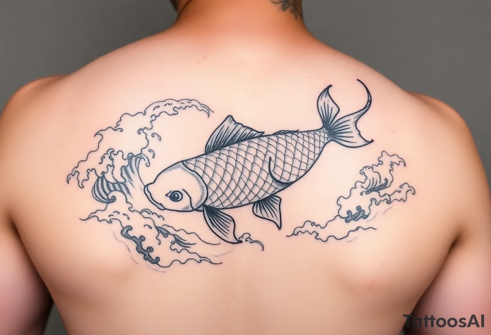 traditional koi fish swimming upstream through turbulent waves tattoo idea