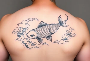 traditional koi fish swimming upstream through turbulent waves tattoo idea